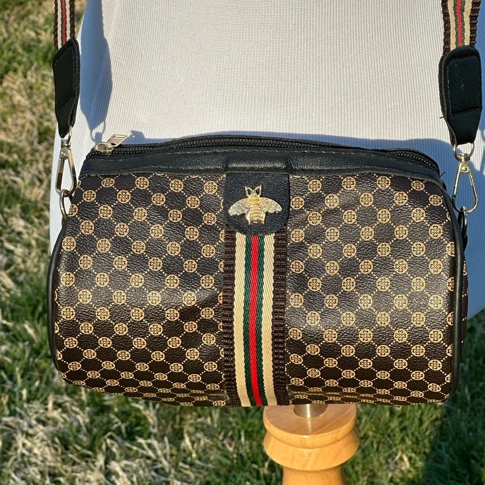 Brown Checkered Crossbody Bag with Yellow Accent